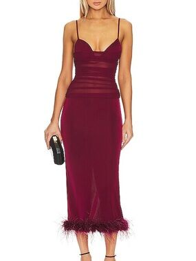 NBD Wine Red Slip Dress with Feather Hem
